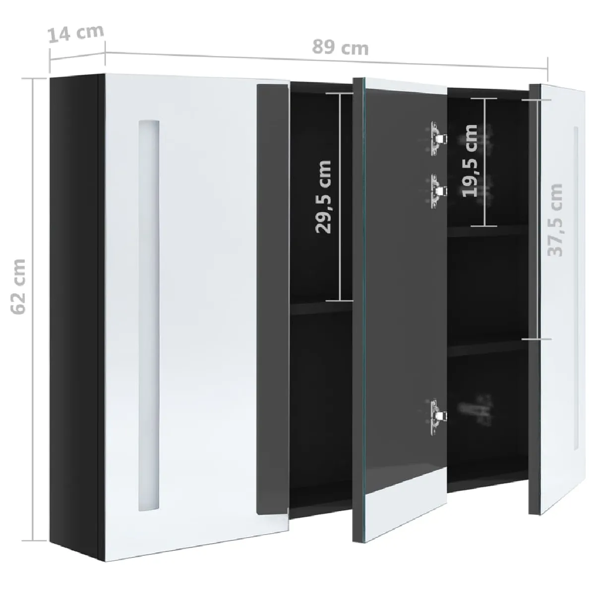 Helloshop26 Armoire de salle de bain LED - 3 portes - Noir brillant