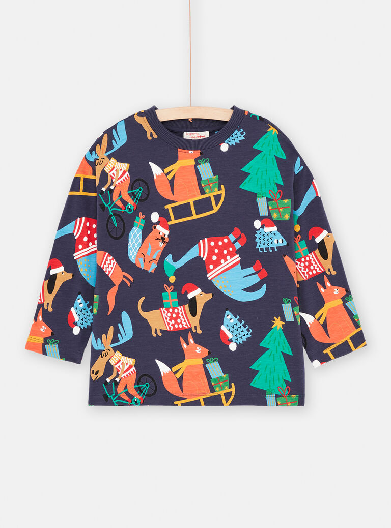 T-shirt bleu nuit imprimé noël pour garçon