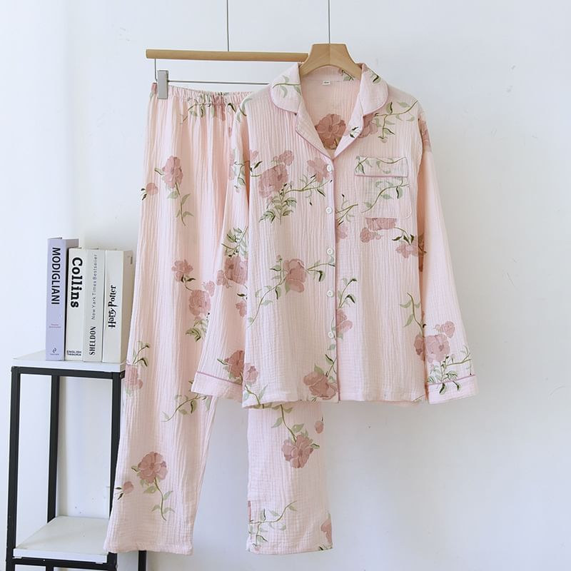 Somnus - Pyjamaset: Shirt met lange mouwen en bloemenprint + Broek met rechte pijpen en elastische taille