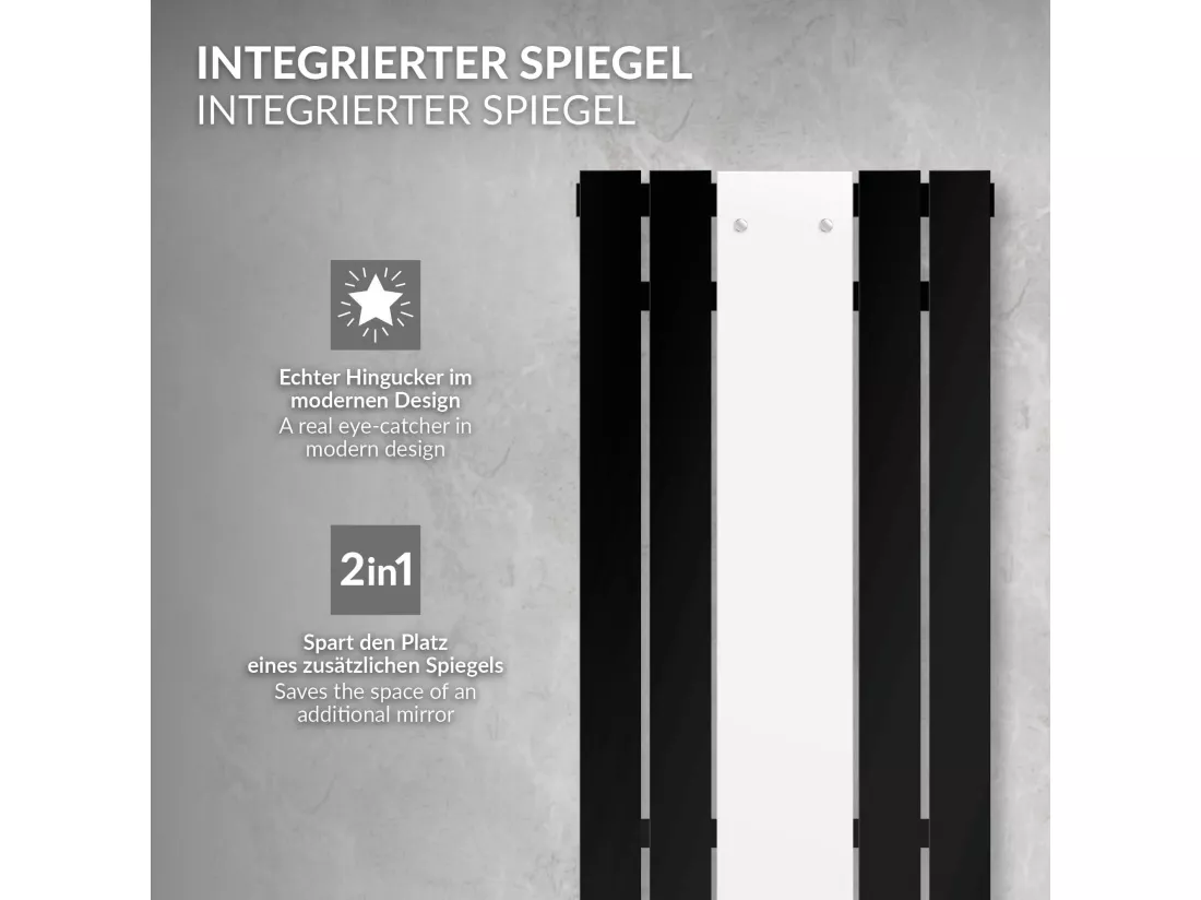 Radiateur plat vertical noir mat 45x160 cm + miroir et kit raccordement d'angle
