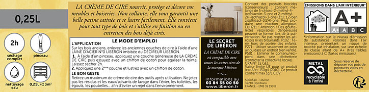 Crème de cire pâte meubles et boiseries Libéron chêne cendré 250ml