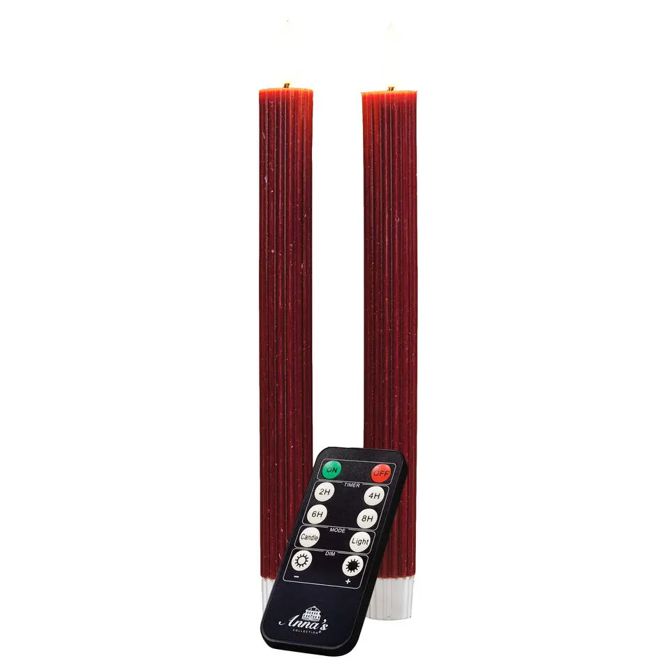 Anna's Collection LED dinerkaarsen - 2x - bordeaux rood - ribbel