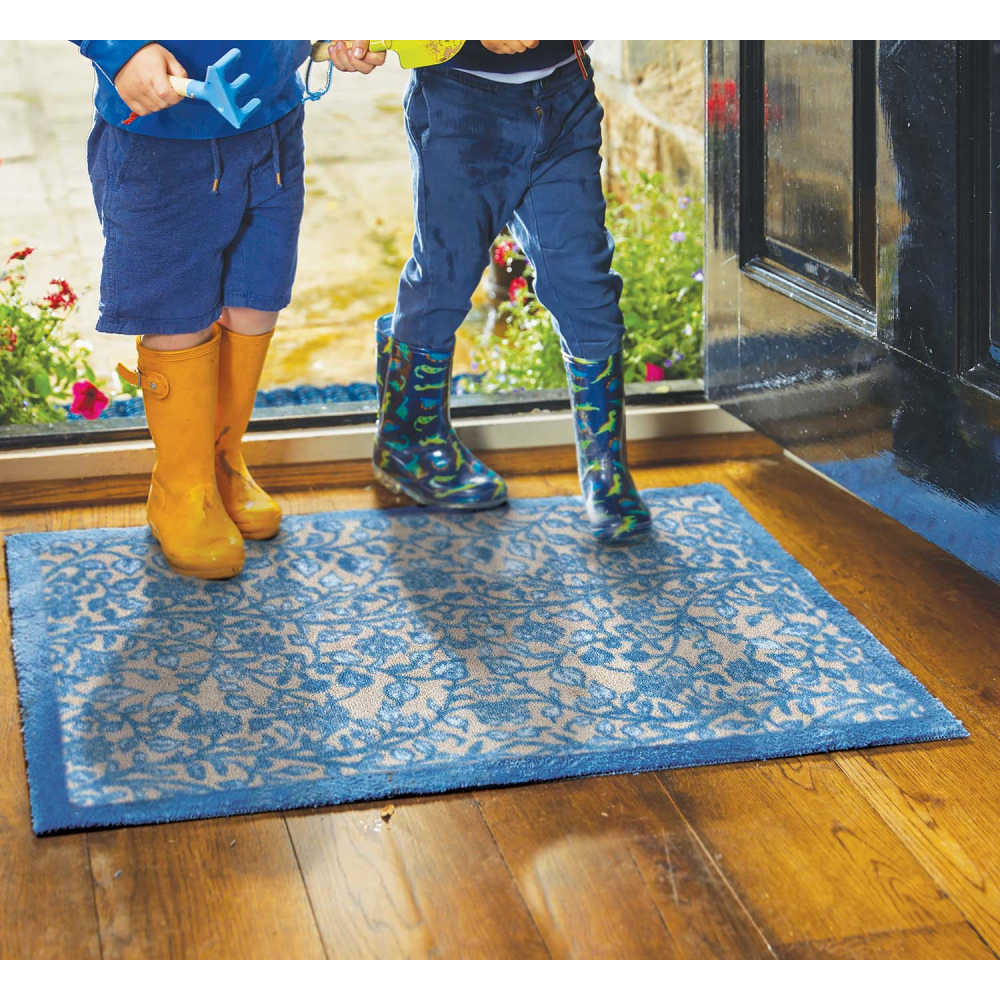 Tapis d'entrée en matière recyclée 65 x 85 cm feuilles bleues