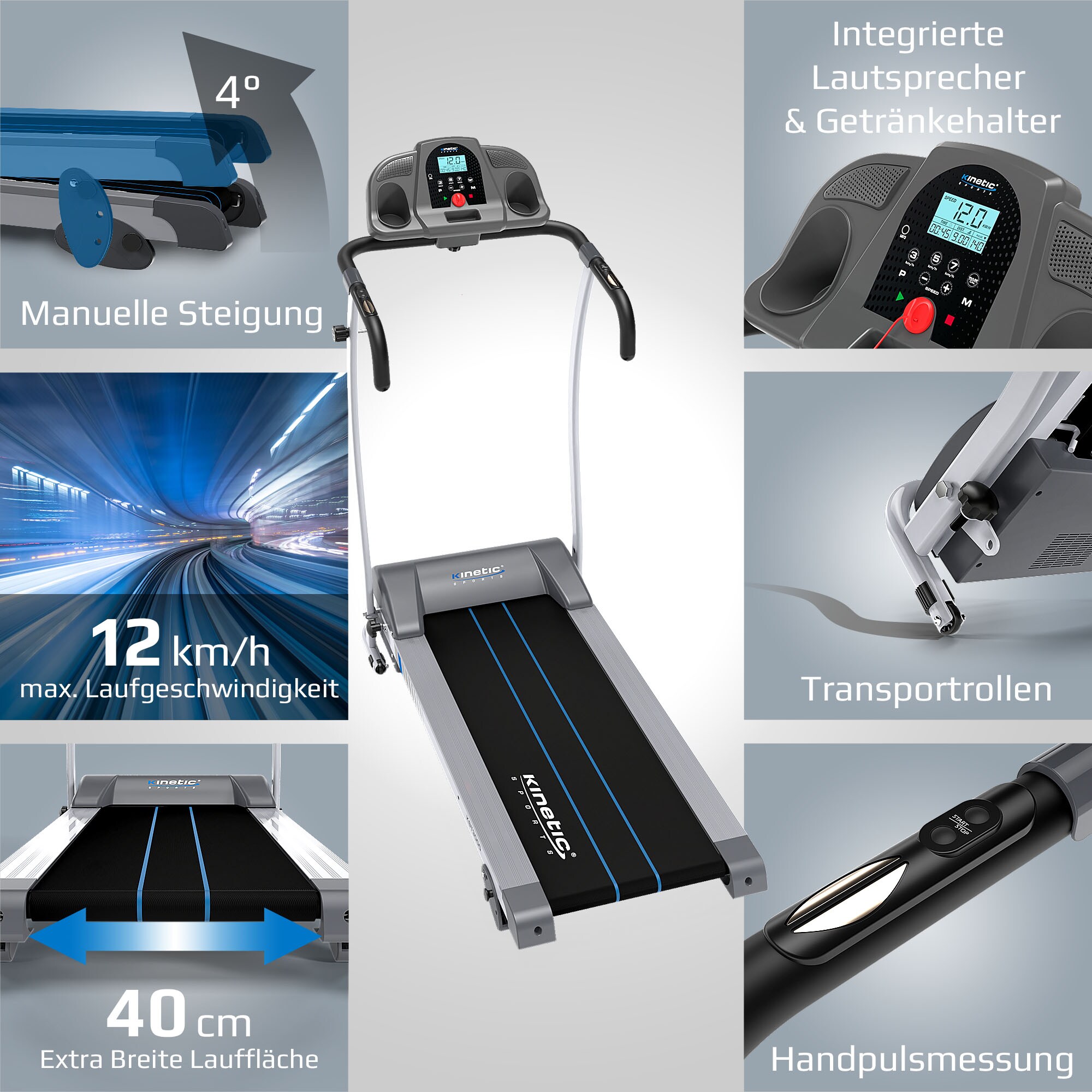 KINETIC SPORTS Pro Laufband klappbar KST3000 mit großer Lauffläche - 1100W Motor, 12 Programme, Steigung für Geh- und Lauftraining, integrierte Lautsprecher, bis 12 km/h