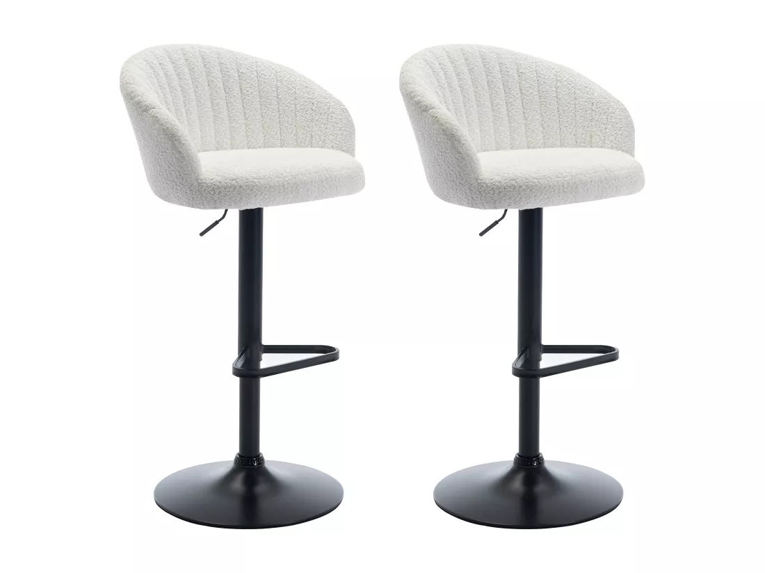 Lot de 2 tabourets de bar en tissu bouclette et métal - Hauteur réglable - Blanc - DORALIZ