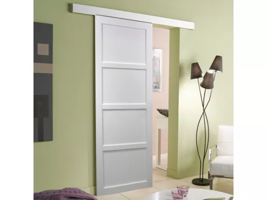 Porte Coulissante Tamera Blanc 4 Panneaux H204 X L63 Avec Rail Alu Bandeau Blanc Gd Menuiseries