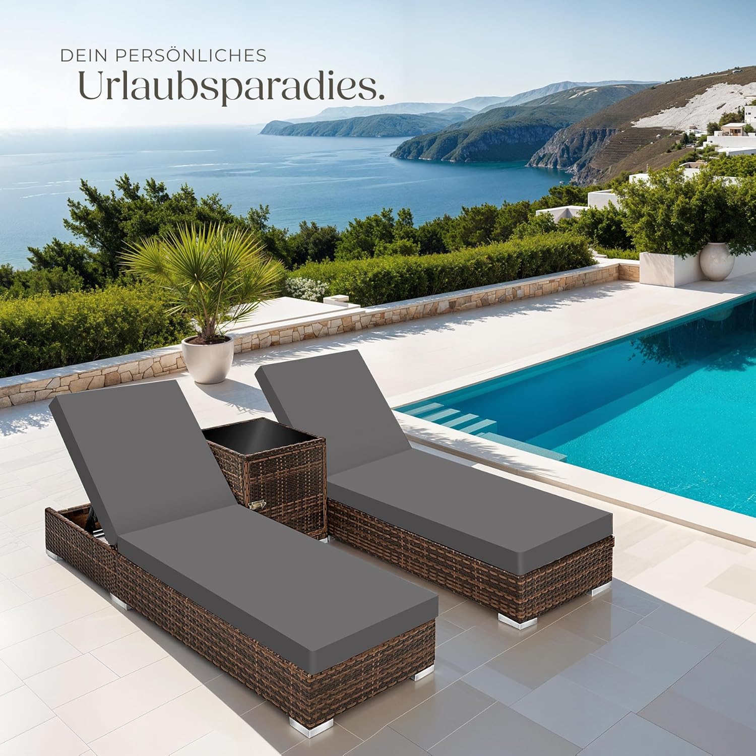 tectake® 2er Lounge Sonnenliegen Set Plus Tisch – inkl. 2 Bezugsets und Schutzhülle, Outdoor Poly Rattan Gartenmöbel Set, 2er Set - braun