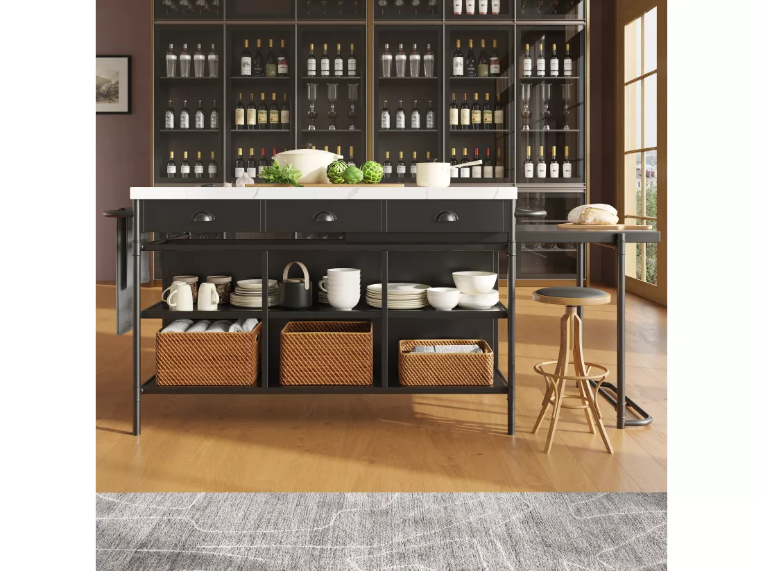 Ensemble Ilot central de cuisine + 4 chaises avec 3 tiroirs et étagères - 128.6 x 71.9 x 90 cm - Plateau extensible - MDF + métal - Noir