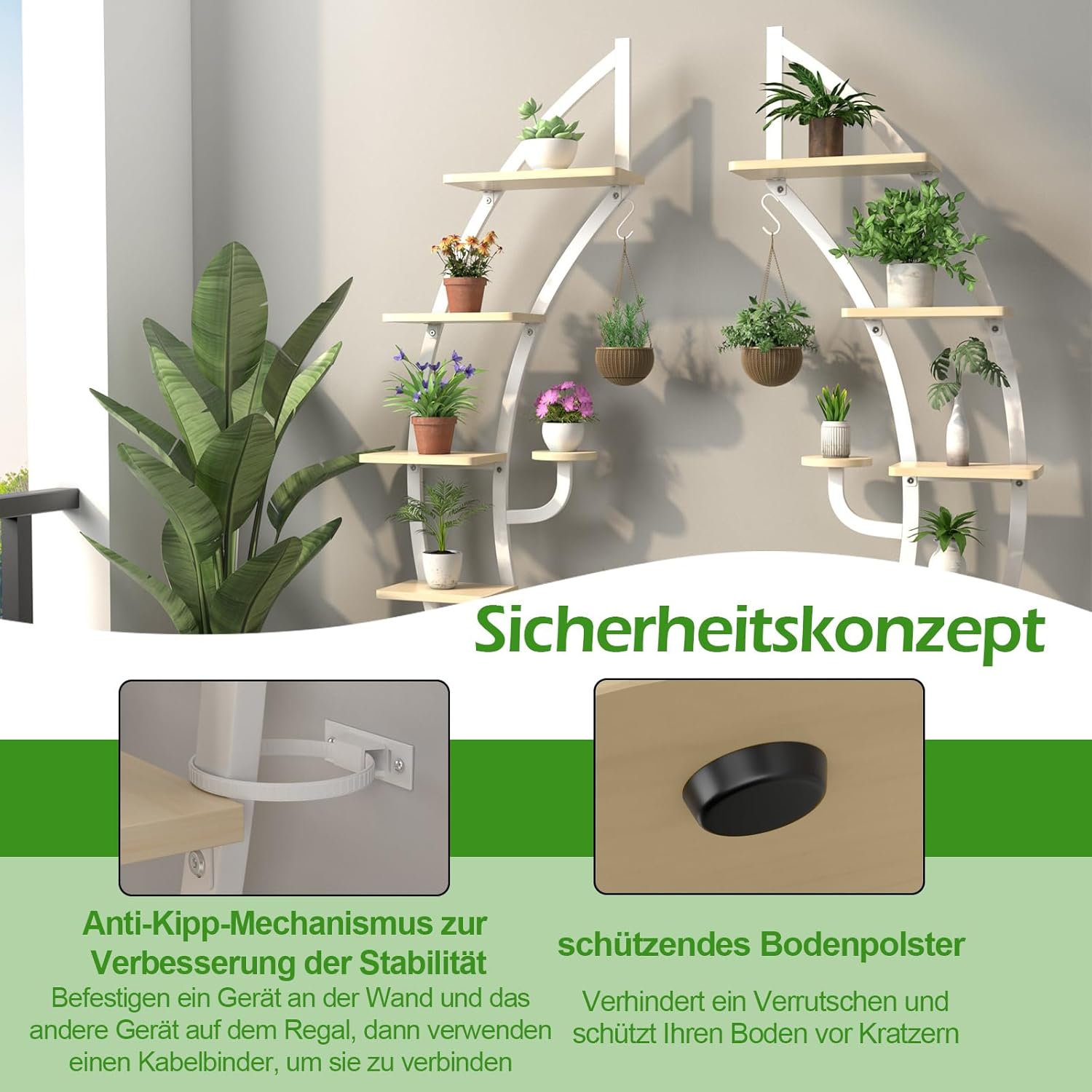 COSTWAY 6-stufiger Metall-Pflanzenständer in Halbmondform, Blumenregal mit 2 kleine Ablagen & oberem Haken, Leiter Pflanzenregal Kippschutz, Blumentopf-Ständer für Garten Balkon Wohnzimmer, Weiß
