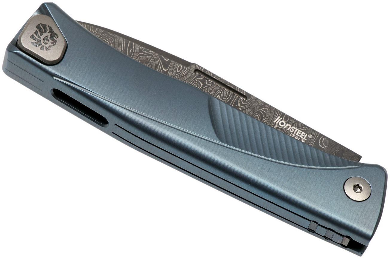 LionSteel Thrill TL-D-BL Damascus, Blue Titanium Integral Slipjoint zakmes