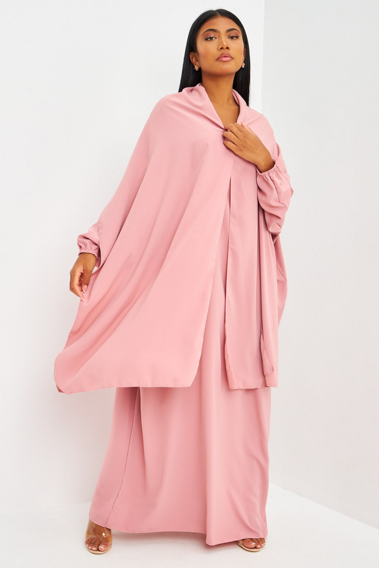 Abaya rose ample avec voile intégré