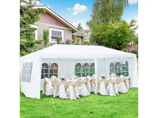 Tonnelle de Jardin 3x6M, Pavillon de Tente avec 4 Parois Amovibles, Piquets de Terre, Sac de Transport et Fenêtre sur Côté, pour Fête/Mariage/BBQ, Blanc