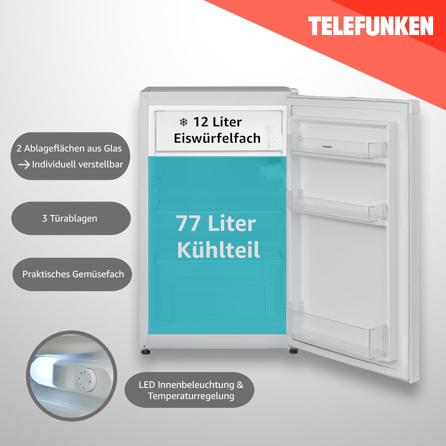 TELEFUNKEN Kühlschrank mit Gefrierfach (nur für Eiswürfel) | Freistehend | 89 Liter Nutzinhalt | Kühlschrank klein mit Gemüsefach | LED-Beleuchtung | Türanschlag wechselbar | CF-33-101-W2 weiß
