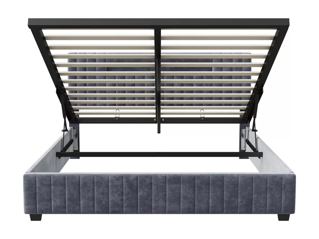 Lit coffre 140x200cm - Lit double avec sommier à lattes et tête de lit LED avec rangemet, en tissu velours gris