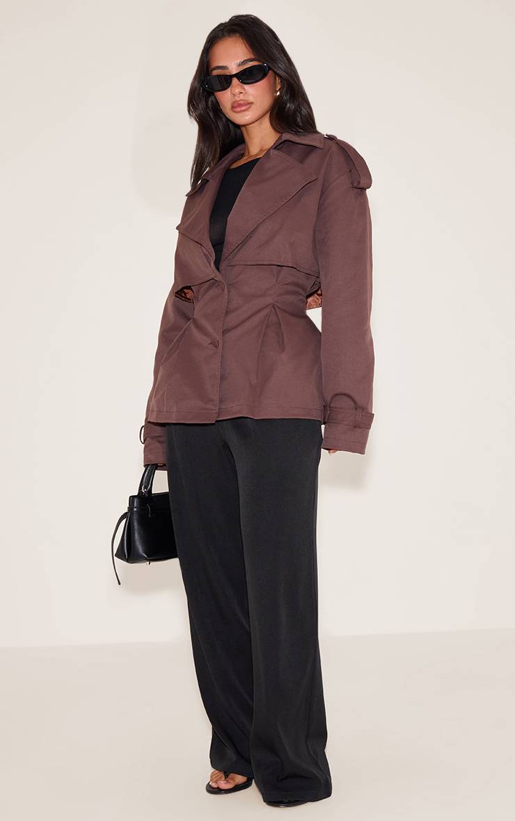 Chocolat Trench-coat Court Cintré À La Taille Avec Ceinture Petite Taille