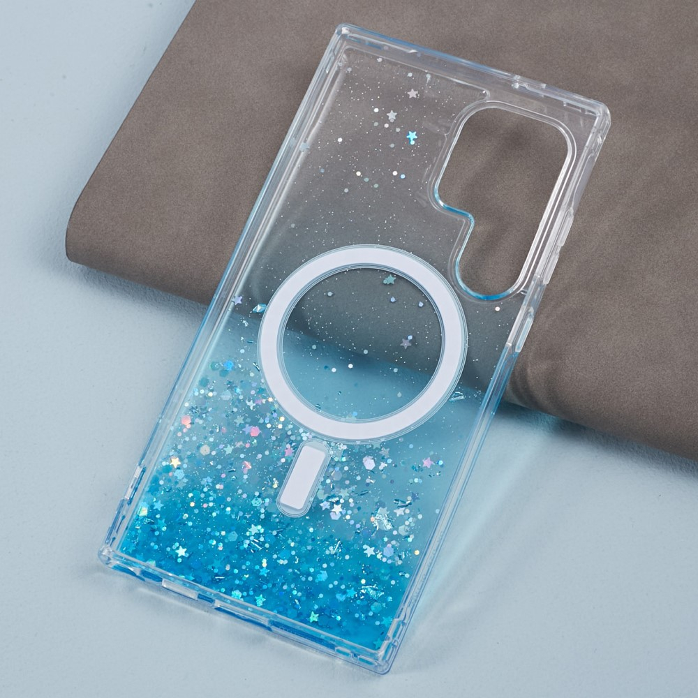 Samsung Galaxy S24 Ultra Hülle mit Acryl Rückseite und Farbverlauf im Glitzer Design MagSafe-Modul - Blau