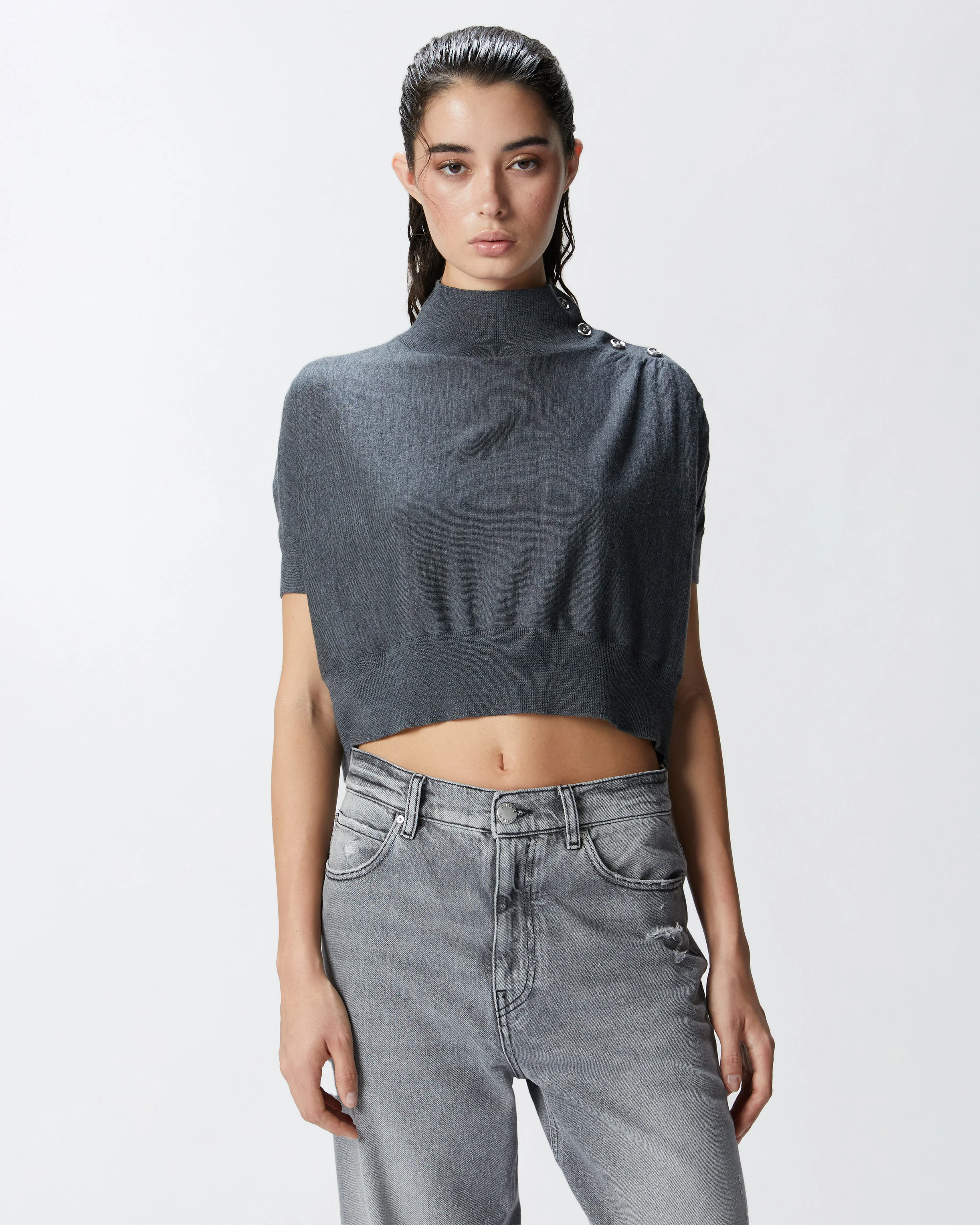 Pull court boutonné à manches mi-longues | Gris