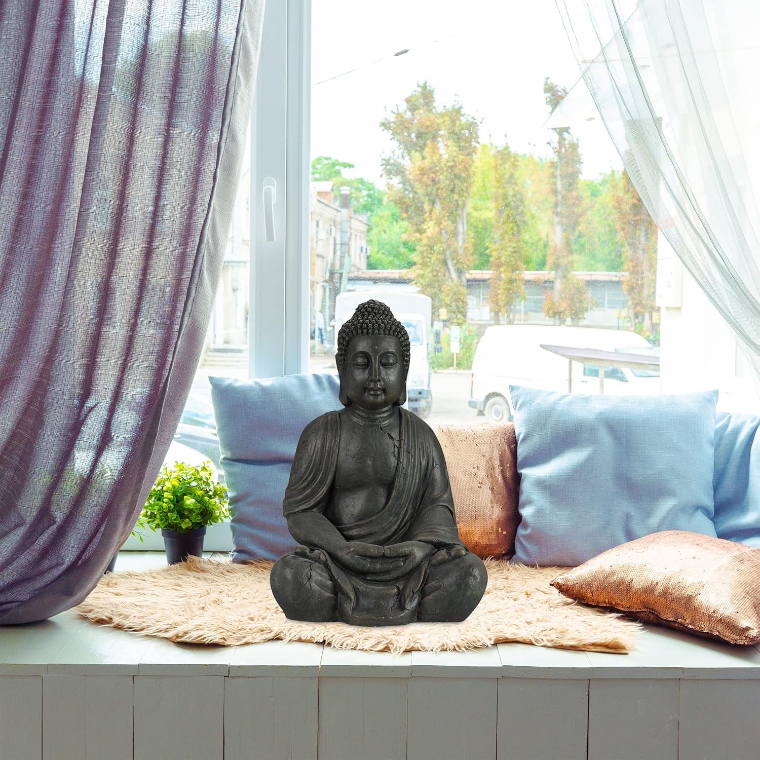 Relaxdays Buddha Figur sitzend, XL 70 cm, Gartenfigur, Dekofigur Wohnzimmer, wetterfest & frostsicher, dunkelgrau