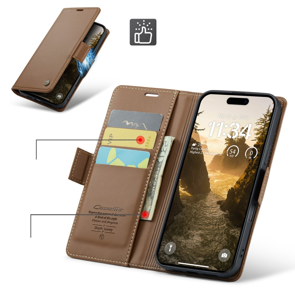 iPhone 16 Leder Tasche Flip Wallet Etui mit Kartenfächern Litchi Look (RFID Schutz) - Braun
