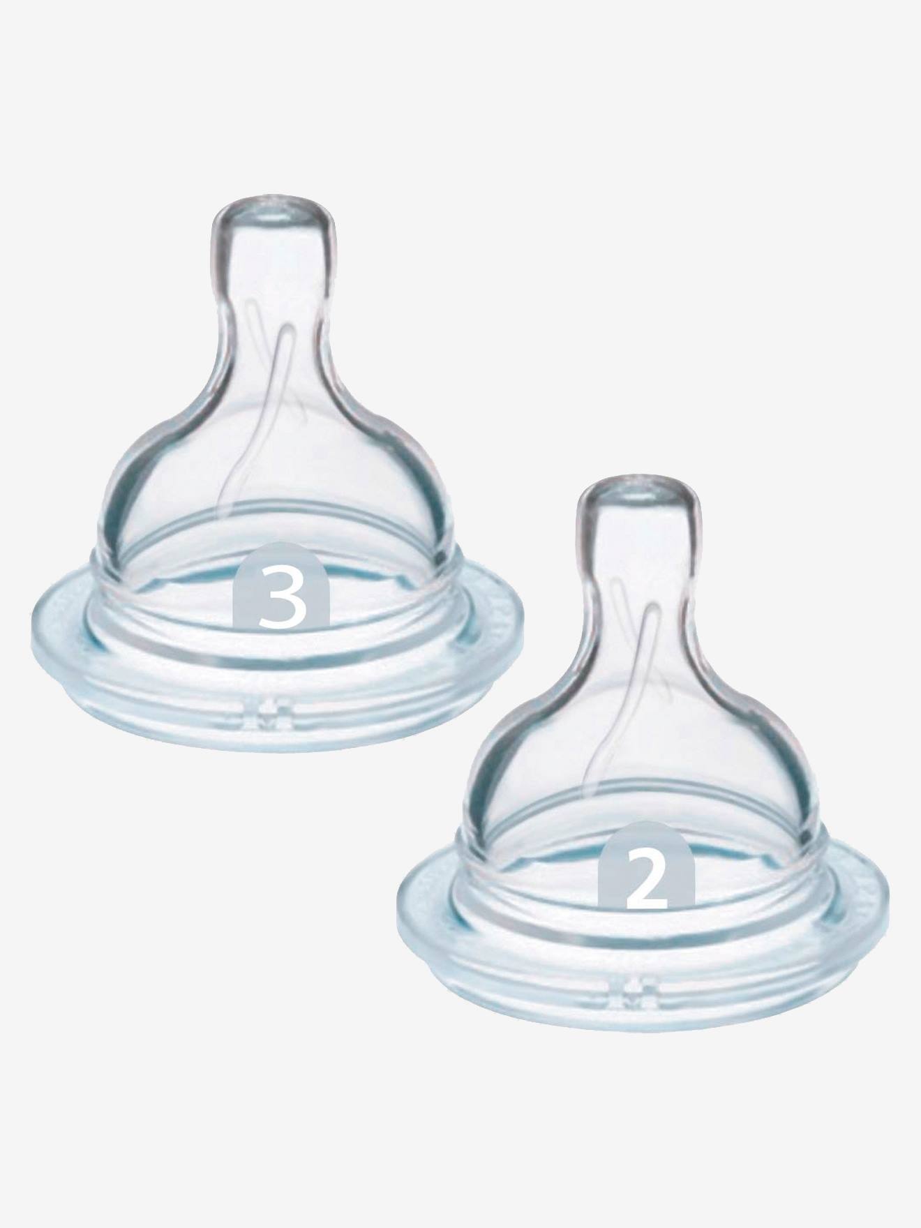 Pacote com 2 bicos Philips AVENT para mamadeiras transparentes de gargalo largo.