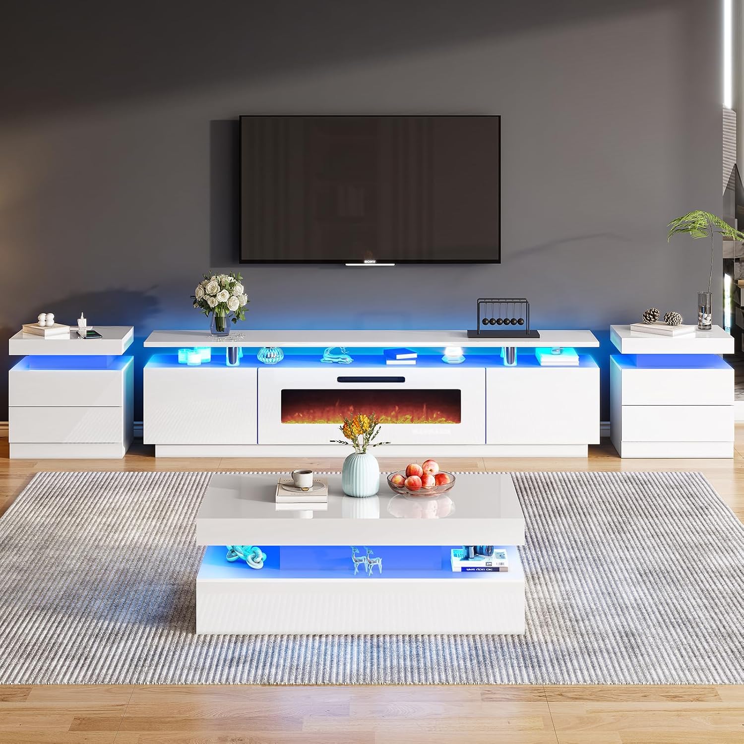 2er-Set Hochglanz Nachttisch mit LED & Ladestation, Moderne Nachtschränke mit 2 Schubladen, Weißer Beistelltisch für Schlafzimmer & Wohnzimmer, 58x40x35 cm