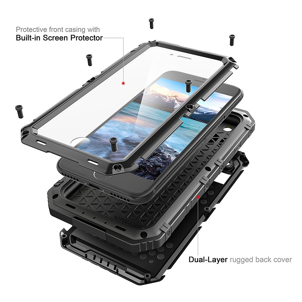 iPhone SE (2022/2020) / 8 / 7 Wasserfeste Hybrid Silikon Metall Outdoor Case Hülle   Panzerfolie - Schwarz