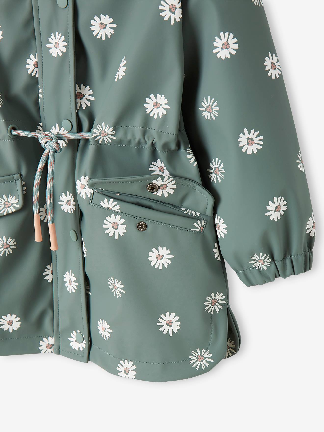 Capa de chuva com capuz e estampa de bolinhas, para meninas, verde médio.