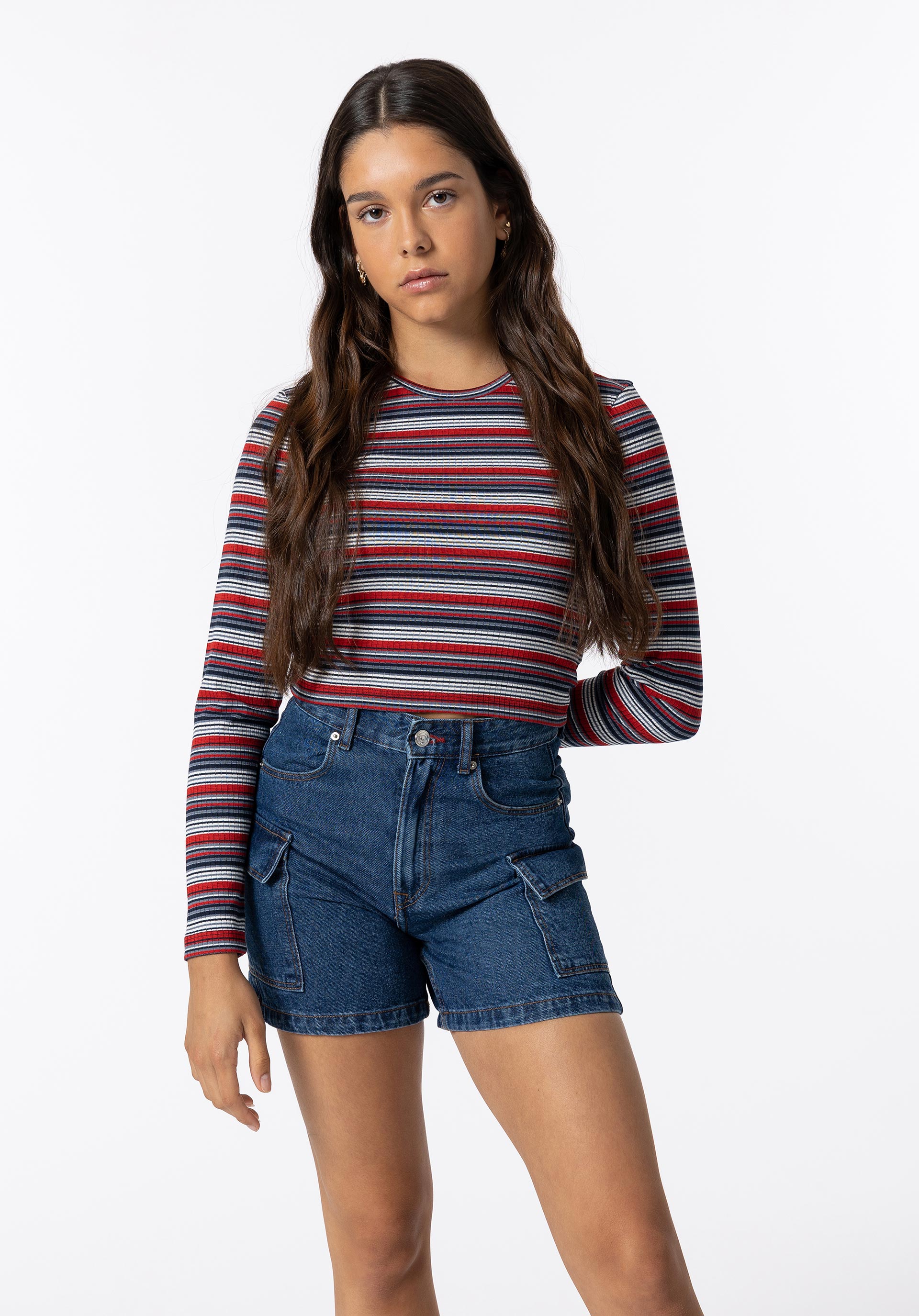 T-shirt Cropped Canelada às Riscas
