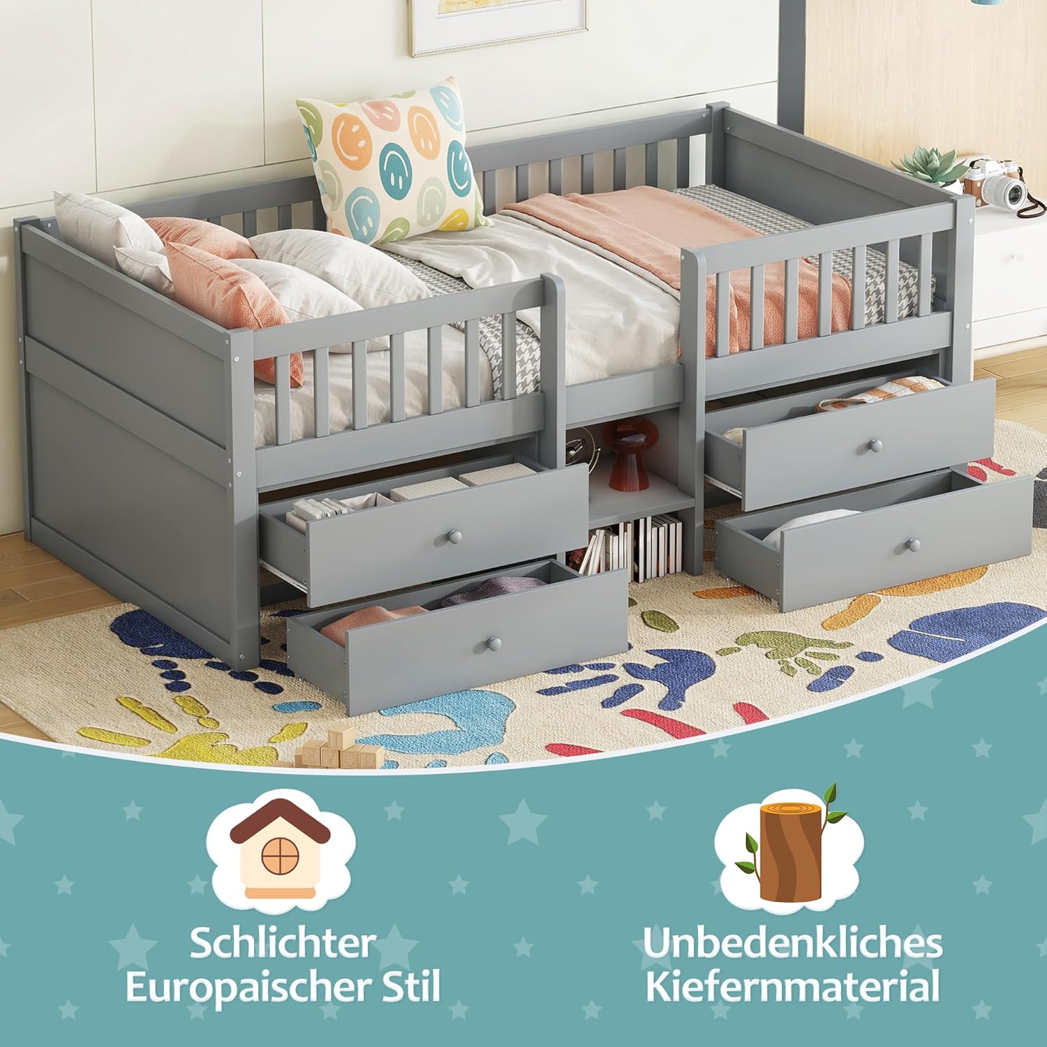 Merax Kinderbett 90x200 cm, Funktionsbett mit Stauraum, Holzbett mit Lattenrost & 4 Schubladen, Jugendbett mit Leiter und Rausfallschutz - Kiefer massivholz, ohne Matratze, Grau