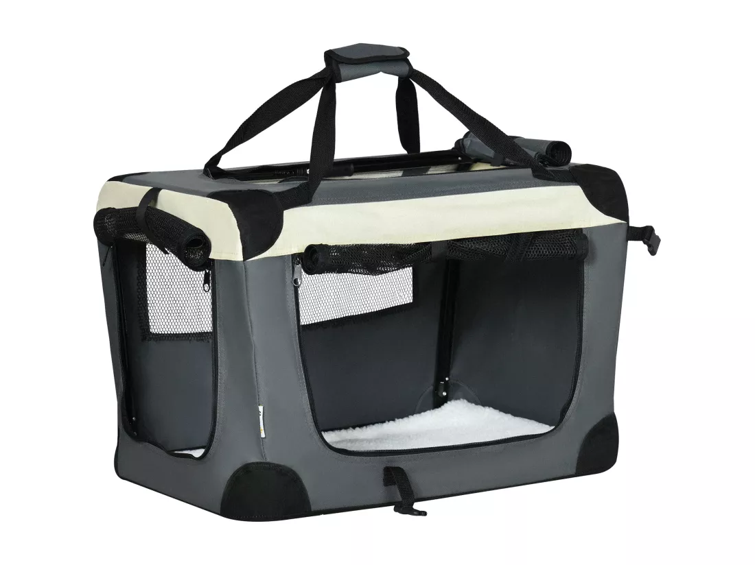 Sac de transport pour chien et chat pliable - poignée, 3 entrées zippées, poche - coussin amovible inclus - acier oxford polyester gris noir