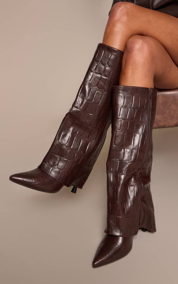 Chocolat Bottes Hautes À Talon En Synthétiquecuir Effet Croco Avec Revers Au Genou