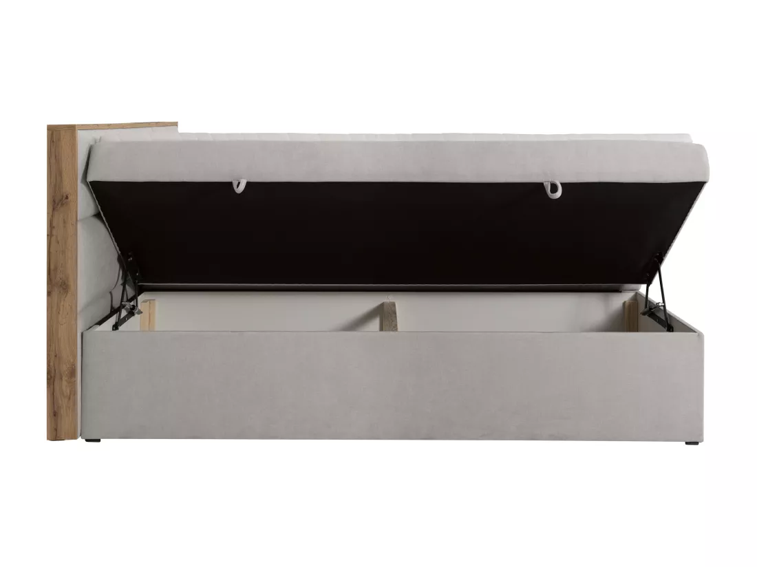 Ensemble complet literie déco tête de lit encadré bois + sommiers coffre + matelas + surmatelas - 180 x 200 cm - Tissu - Gris clair - SIAKI de YSMÉE