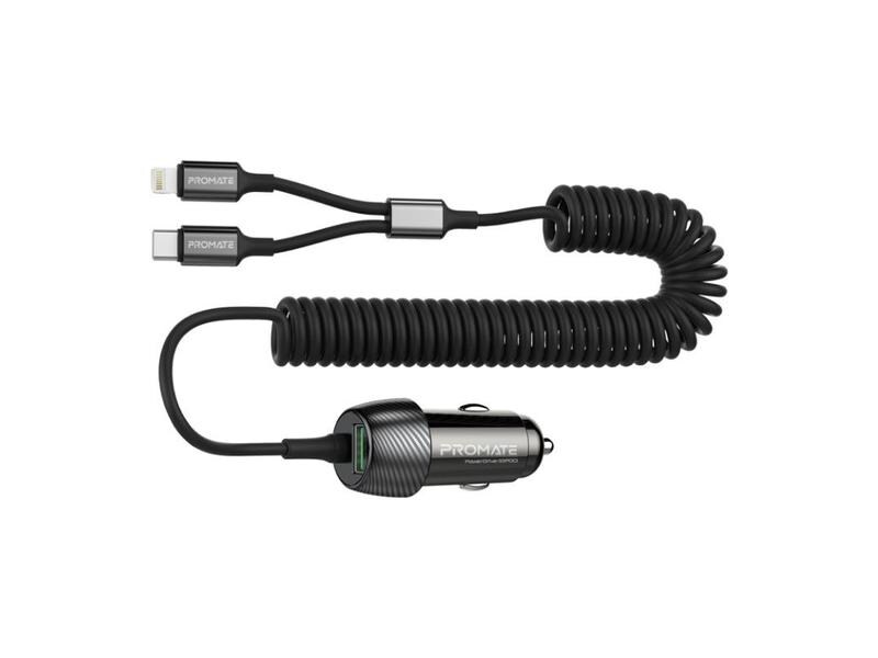 Promate Autoladegerät PowerDrive-33PDCI QC3.0, Car Charger Schnelllade-Adapter mit USB-C und Lightning Spiralkabel