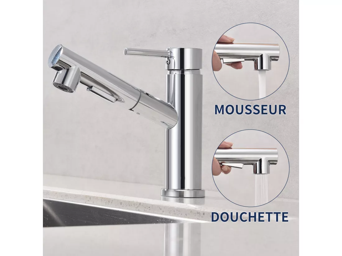 Robinet de Cuisine avec Douchette Extractible 2 Jets au Choix Mitigeur Cuisine d'évier Chromé Laiton - Homelody