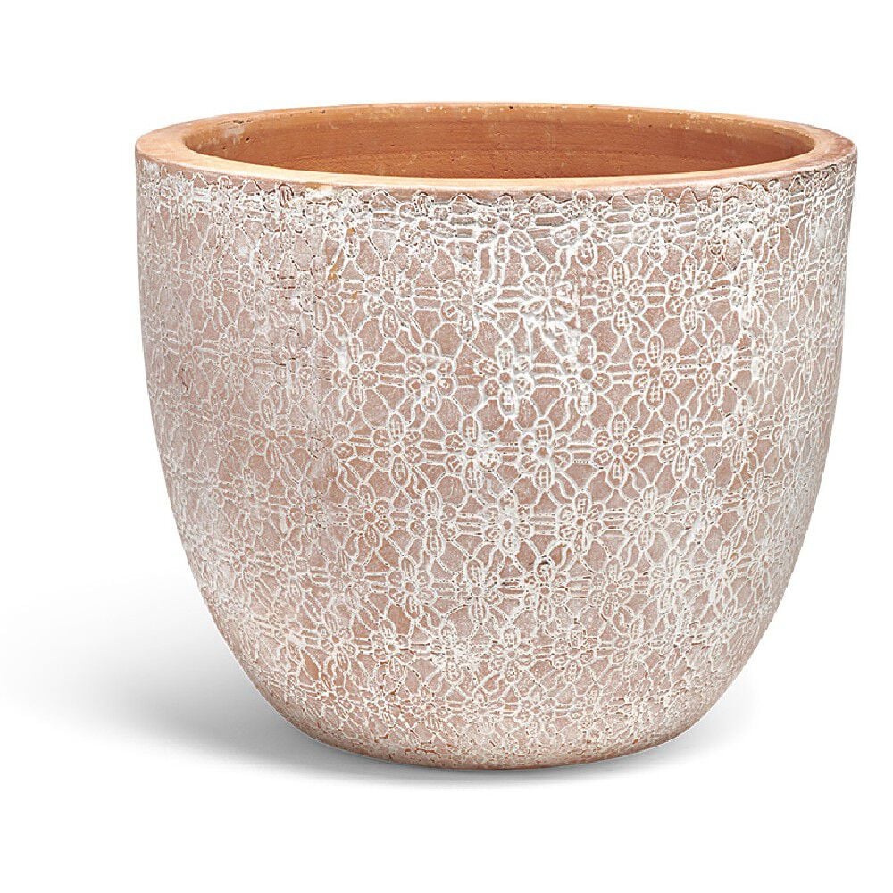 Cache pot rond en terre cuite motif fleur grand modèle