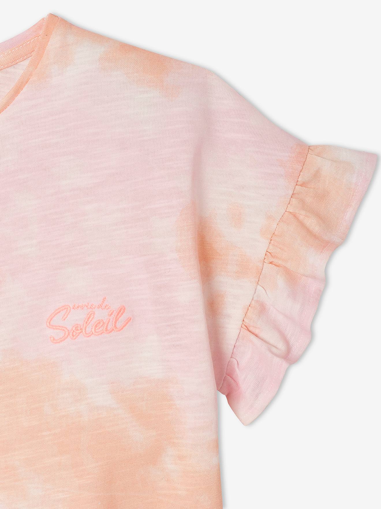 Camiseta de manga curta com efeito degradê e babados, para meninas, rosa claro bicolor/multicolorida.