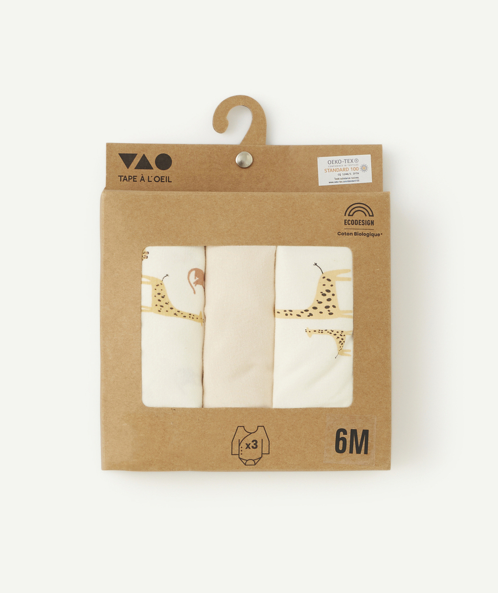 LOT DE 3 BODIES BÉBÉ ÉCRU ET BEIGE THÈME ANIMAUX DE LA SAVANE