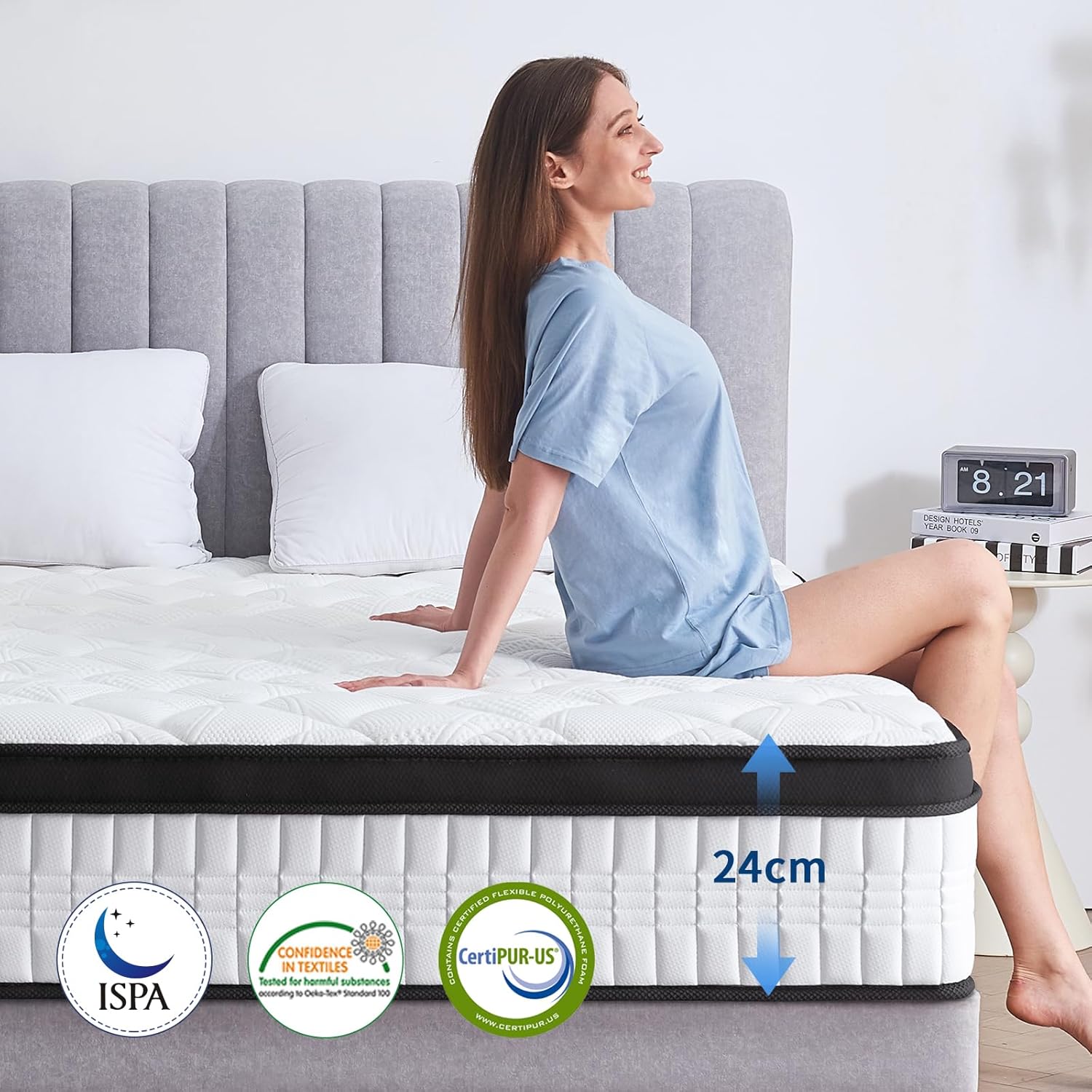 Matratze 140x200 cm Höhe 24cm, H3 H4 Mittelfest Orthopädische 7-Zonen Federkernmatratze 140x200 mit Komfortschaum Öko-Tex Zertifiziert, 480 Taschenfedern pro 2m²