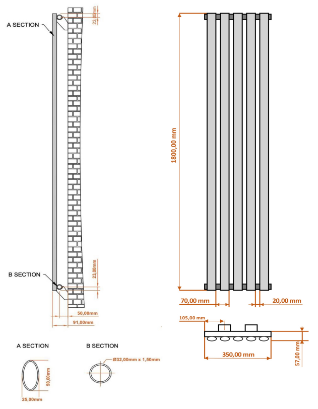 Eastbrook Tunstall radiator 35x180cm 423W chroom