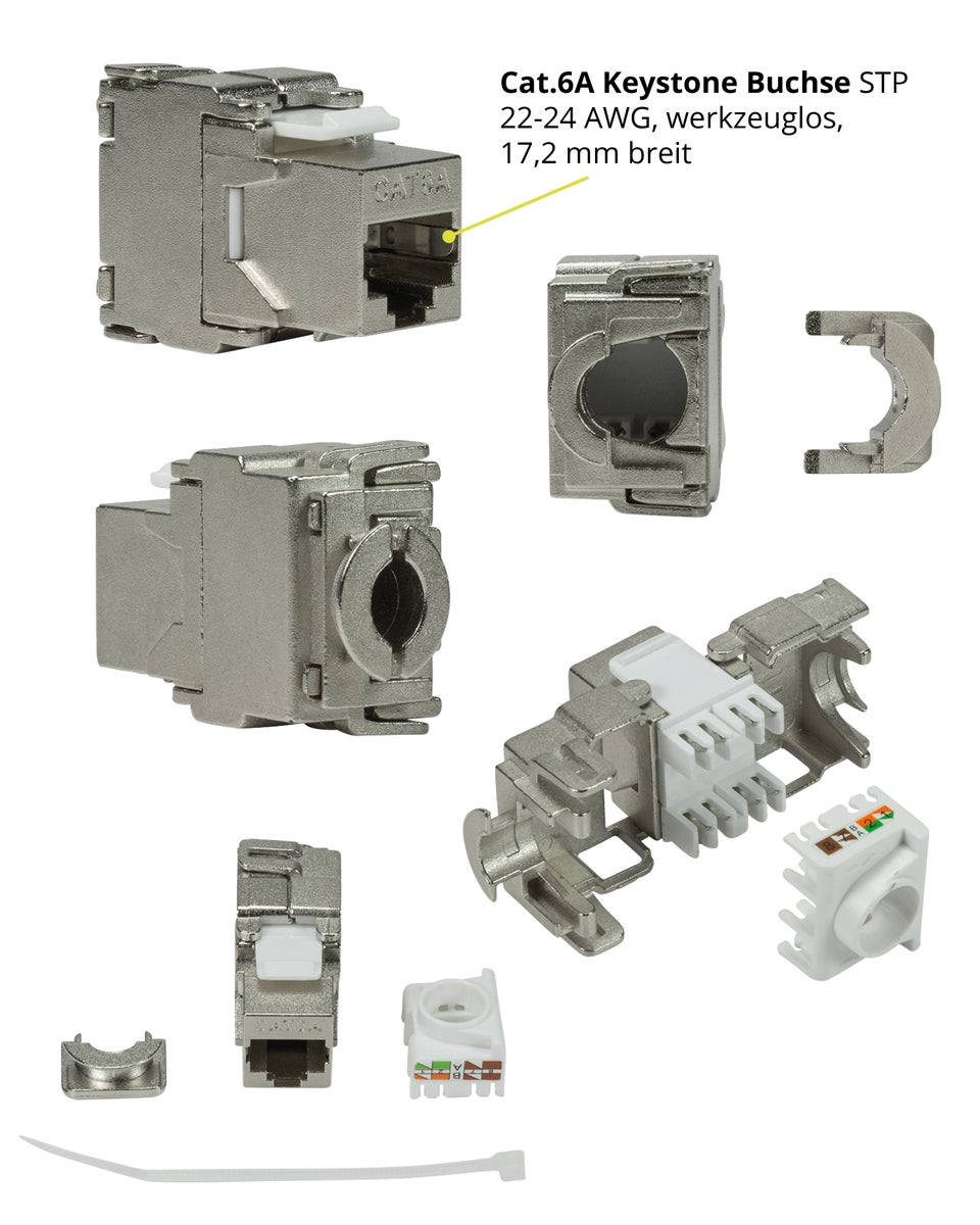 Keystone RJ45 Cat. 6A module incl. Jung Keystone enkele afdekking A1569-1WEWW & enkel frame AS581WW alpinewit, netwerkaansluiting