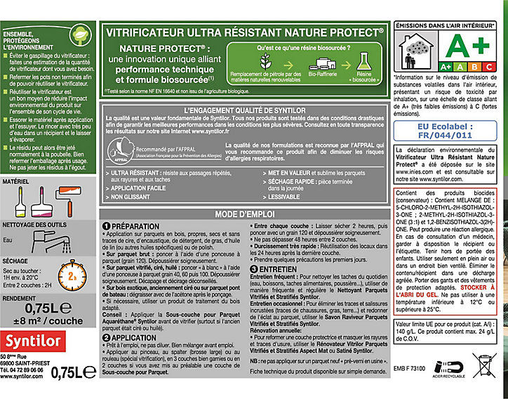 Vitrificateur Syntilor ultra résistant biosourcé Nature Protect incolore mat 0,75L