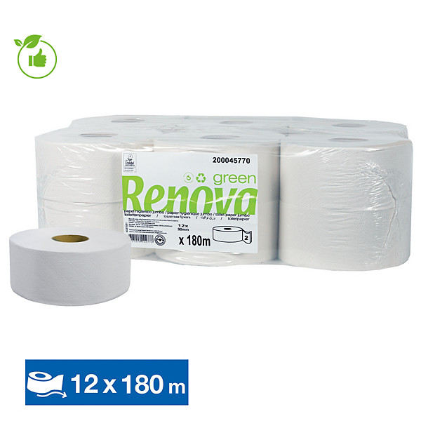 Papier toilette Jumbo Renova 2 épaisseurs, lot de 12 mini bobines