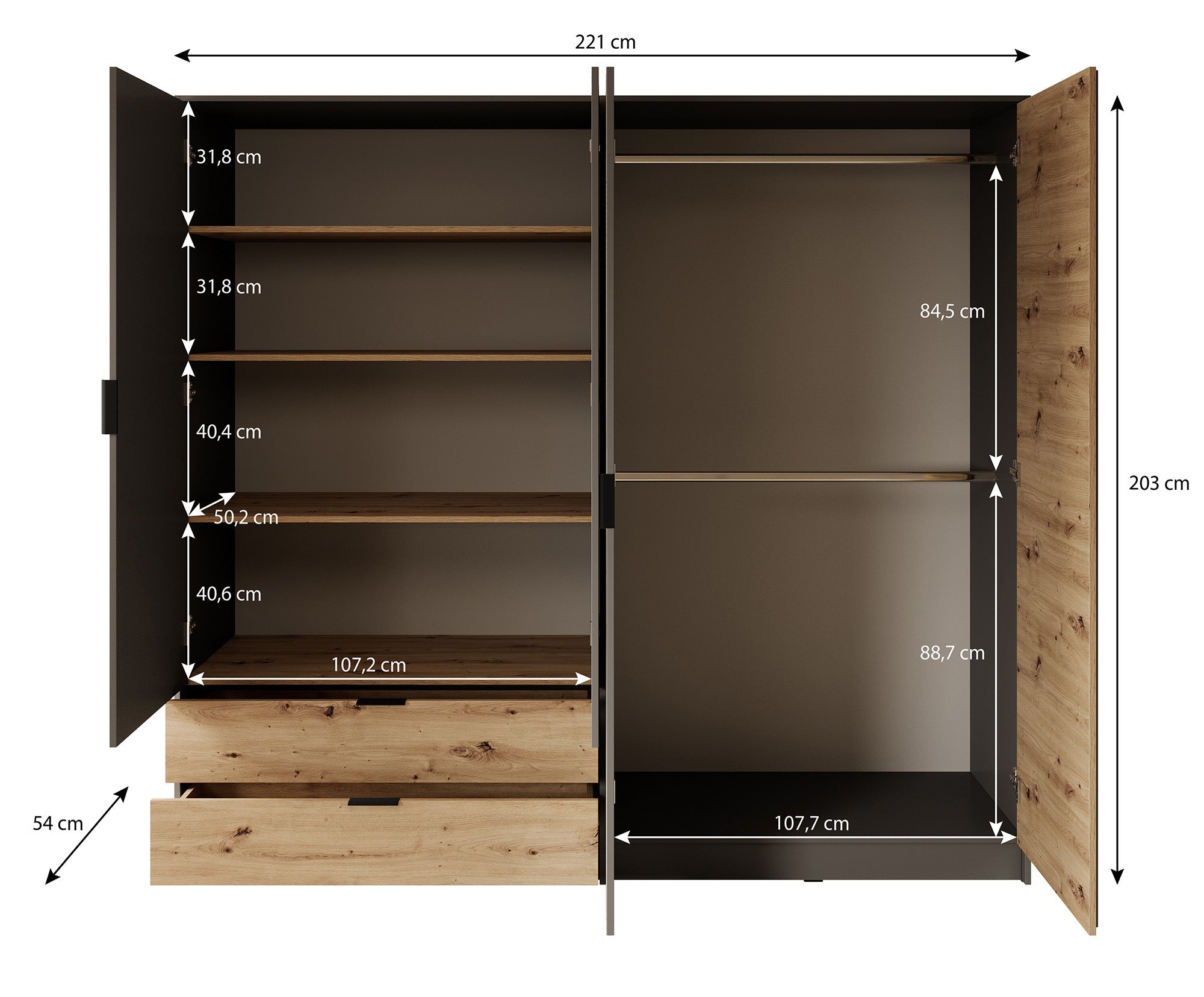 Meubella - Kledingkast Roma - Grijs - Eiken - 221 cm - Met spiegel