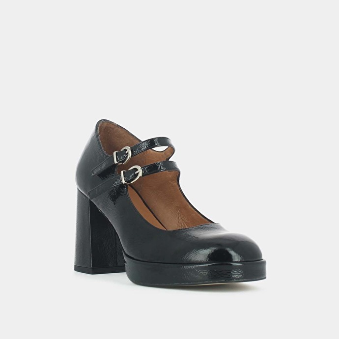 Babies à doubles brides et plateformes  en vernis plissé noir