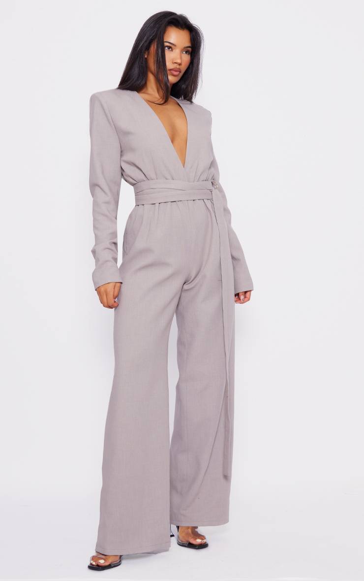Gris Clair Combinaison Pantalon Large Croisée Avec Détails De Bretelles