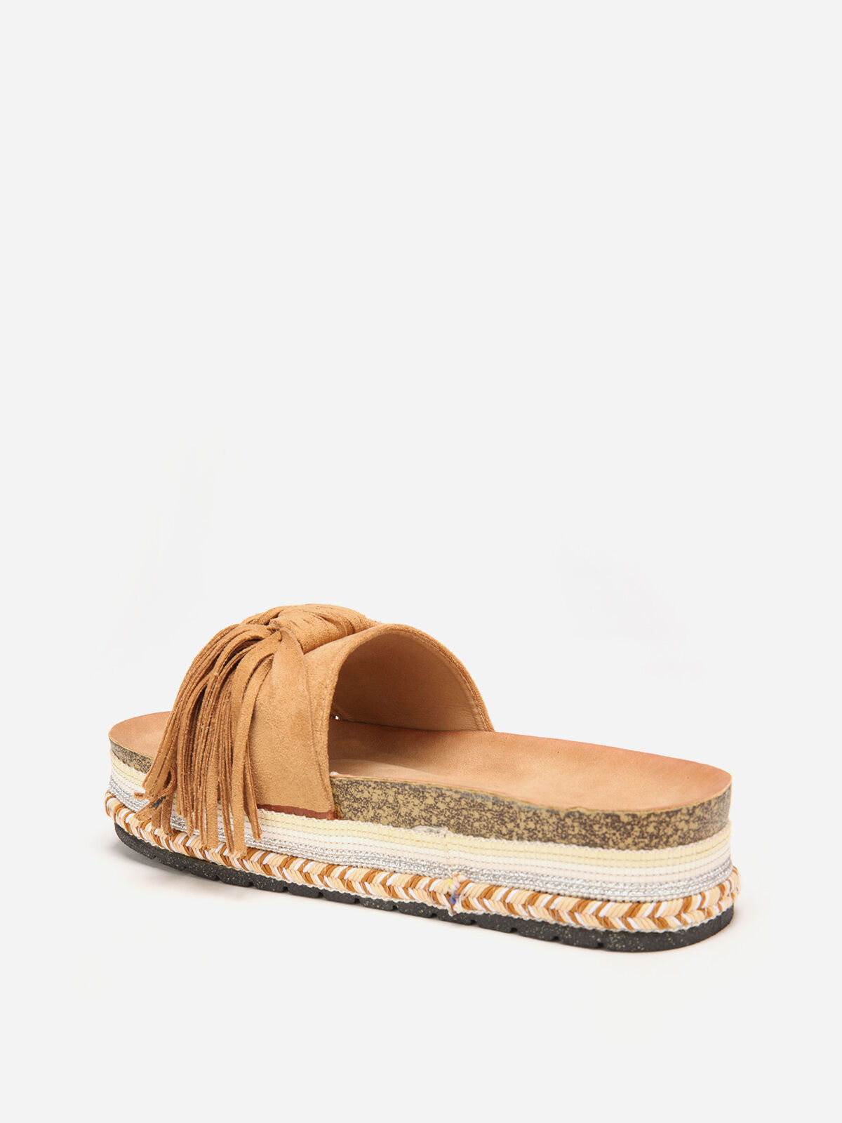 Mules à motif ethnique avec noeud et pompon- Camel