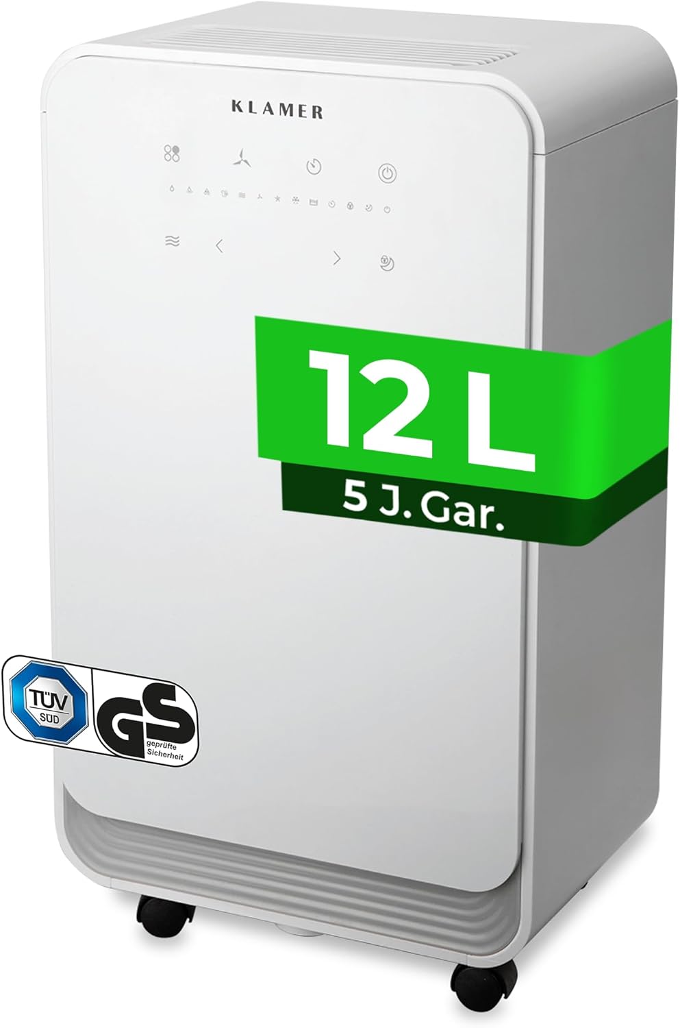 KLAMER Luftentfeuchter elektrisch 12L, 100m³ Luftumwälzung pro Stunde, 280W starker Raumentfeuchter, Entfeuchter mit bis zu 2 Liter Fassungsvermögen