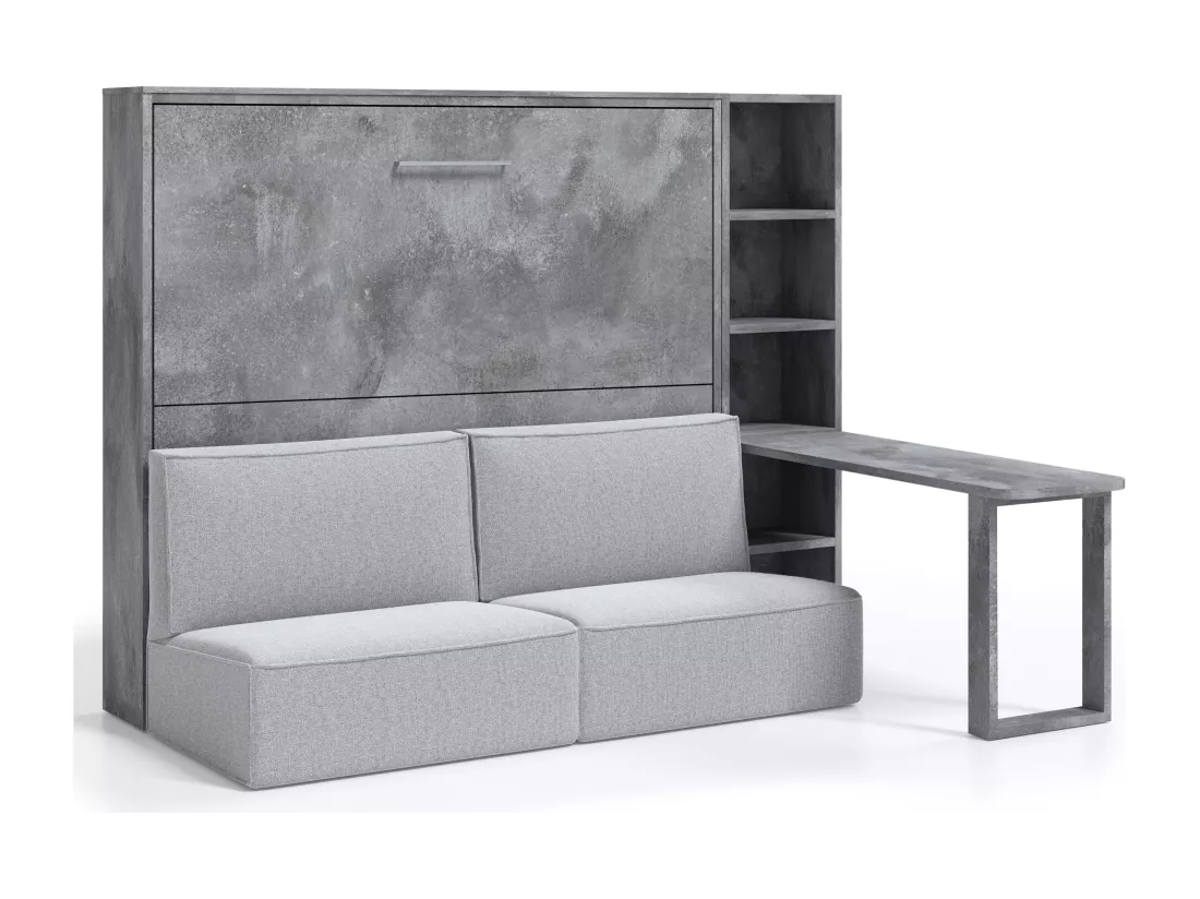 Lit escamotable 120x200 canapé etagere bureau Prolok-Canapé Gris clair-Structure et Façade Gris ciment