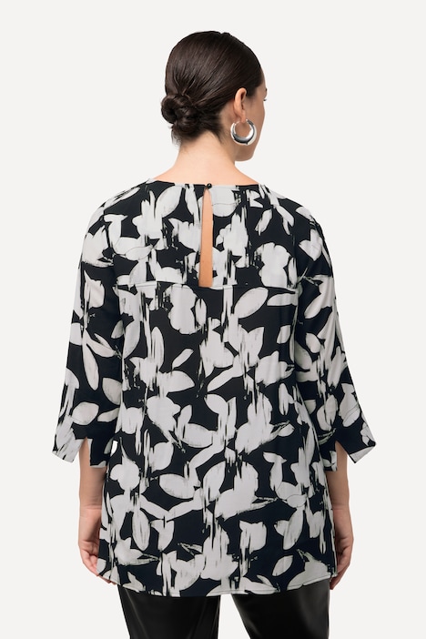 Bluse, Blätter, A-Linie, Rundhals, 3/4-Arm