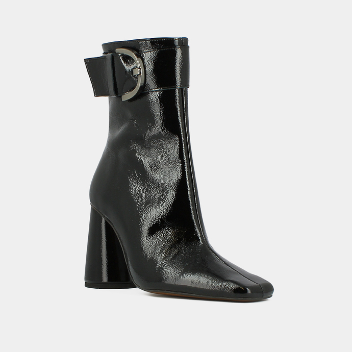 Boots à talons hauts, boucles et bouts r...  en cuir vernis plissé noir